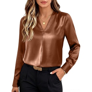 image:imageANRABESS Womens Satin V Neck Long Sleeve Blouse Shirts  Silky Soft TopPleated Ruched ShouldersBusiness Casual Work Office OutfitsDressy ElegantFall Spring Transition ClothesLight Brown