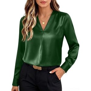 image:imageANRABESS Womens Satin V Neck Long Sleeve Blouse Shirts  Silky Soft TopPleated Ruched ShouldersBusiness Casual Work Office OutfitsDressy ElegantFall Spring Transition ClothesGreen
