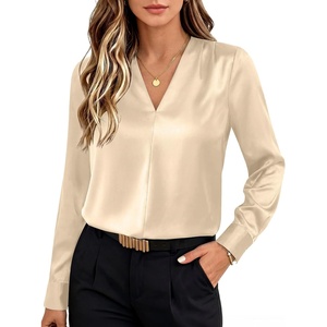 image:imageANRABESS Womens Satin V Neck Long Sleeve Blouse Shirts  Silky Soft TopPleated Ruched ShouldersBusiness Casual Work Office OutfitsDressy ElegantFall Spring Transition ClothesBeige