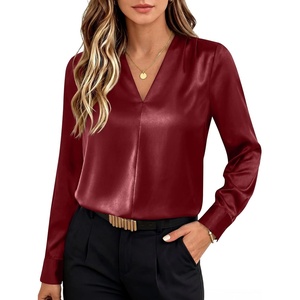 image:imageANRABESS Womens Satin V Neck Long Sleeve Blouse Shirts  Silky Soft TopPleated Ruched ShouldersBusiness Casual Work Office OutfitsDressy ElegantFall Spring Transition ClothesDeep Red
