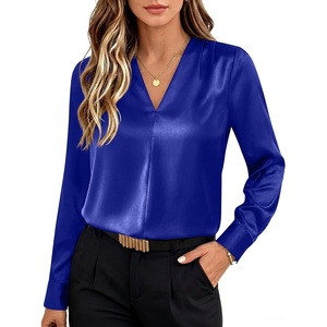 image:imageANRABESS Womens Satin V Neck Long Sleeve Blouse Shirts  Silky Soft TopPleated Ruched ShouldersBusiness Casual Work Office OutfitsDressy ElegantFall Spring Transition ClothesRoyal Blue