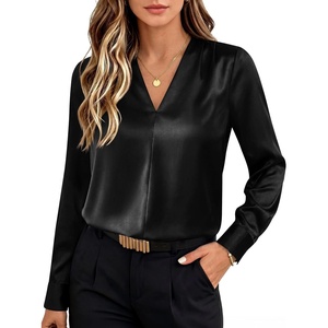 image:imageANRABESS Womens Satin V Neck Long Sleeve Blouse Shirts  Silky Soft TopPleated Ruched ShouldersBusiness Casual Work Office OutfitsDressy ElegantFall Spring Transition ClothesBlack