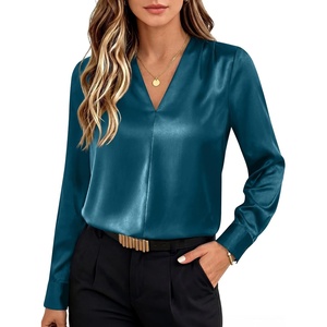 image:imageANRABESS Womens Satin V Neck Long Sleeve Blouse Shirts  Silky Soft TopPleated Ruched ShouldersBusiness Casual Work Office OutfitsDressy ElegantFall Spring Transition ClothesLake Blue