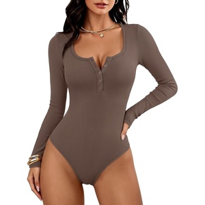 image:imageANRABESS Womens Scoop Neck Long Sleeve Bodysuit  Henley Top Body Suits Ribbed Fitted Soft Ribbed StretchyFall Winter Spring Transition LayerCasual Going Out Work DailyLight Brown