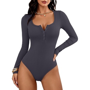 image:imageANRABESS Womens Scoop Neck Long Sleeve Bodysuit  Henley Top Body Suits Ribbed Fitted Soft Ribbed StretchyFall Winter Spring Transition LayerCasual Going Out Work DailyDeep Grey