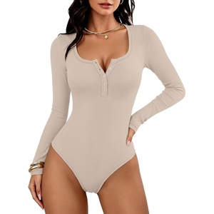 image:imageANRABESS Womens Scoop Neck Long Sleeve Bodysuit  Henley Top Body Suits Ribbed Fitted Soft Ribbed StretchyFall Winter Spring Transition LayerCasual Going Out Work DailyBeige