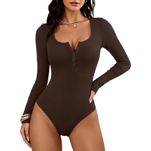 image:imageANRABESS Womens Scoop Neck Long Sleeve Bodysuit  Henley Top Body Suits Ribbed Fitted Soft Ribbed StretchyFall Winter Spring Transition LayerCasual Going Out Work DailyCoffee