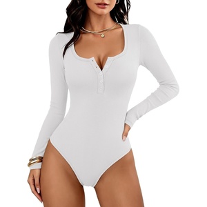 image:imageANRABESS Womens Scoop Neck Long Sleeve Bodysuit  Henley Top Body Suits Ribbed Fitted Soft Ribbed StretchyFall Winter Spring Transition LayerCasual Going Out Work DailyWhite