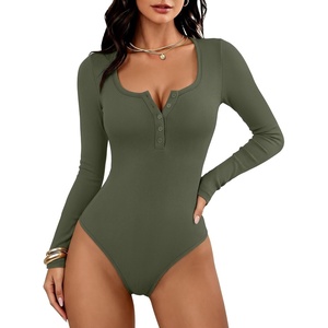 image:imageANRABESS Womens Scoop Neck Long Sleeve Bodysuit  Henley Top Body Suits Ribbed Fitted Soft Ribbed StretchyFall Winter Spring Transition LayerCasual Going Out Work DailyArmy Green