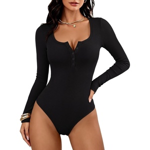 image:imageANRABESS Womens Scoop Neck Long Sleeve Bodysuit  Henley Top Body Suits Ribbed Fitted Soft Ribbed StretchyFall Winter Spring Transition LayerCasual Going Out Work DailyBlack
