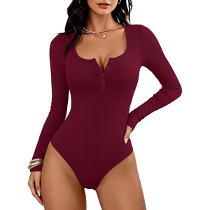 image:imageANRABESS Womens Scoop Neck Long Sleeve Bodysuit  Henley Top Body Suits Ribbed Fitted Soft Ribbed StretchyFall Winter Spring Transition LayerCasual Going Out Work DailyWine Red