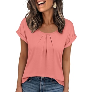 image:imageANRABESS Womens Short Sleeve Pleated T Shirts  Scoop Neck Breathable Tops Business Casual Dressy Blouses 2026 Summer Cute Fashion ClothesCoral Pink