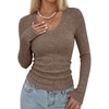 image:imageANRABESS Long Sleeve V Neck Ribbed Shirts for Women  Slim Fitted Knit Tops Comfy Lightweight Casual Work Basic Tees Fall Winter Layering ClothingBrown