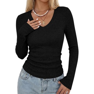 image:imageANRABESS Long Sleeve V Neck Ribbed Shirts for Women  Slim Fitted Knit Tops Comfy Lightweight Casual Work Basic Tees Fall Winter Layering ClothingBlack