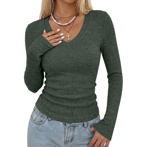 image:imageANRABESS Long Sleeve V Neck Ribbed Shirts for Women  Slim Fitted Knit Tops Comfy Lightweight Casual Work Basic Tees Fall Winter Layering ClothingDeep Green