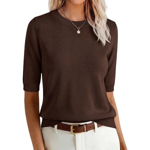 image:imageANRABESS Women Short Sleeve Crewneck Lightweight Summer Sweaters  Wool Blend Soft knit Tops Half Sleeve Shirts Work Business Casual Outfits Fall Spring PulloverChocolate Brown