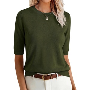 image:imageANRABESS Women Short Sleeve Crewneck Lightweight Summer Sweaters  Wool Blend Soft knit Tops Half Sleeve Shirts Work Business Casual Outfits Fall Spring PulloverArmy Green