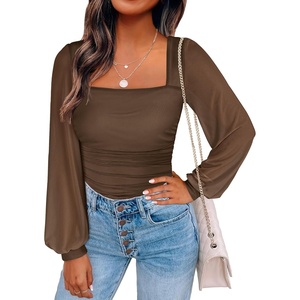 image:imageANRABESS Womens Square Neck Mesh Long Sleeve Tops Double Lined Dressy Business Casual Blouses Shirts 2026 Fall OutfitsMocha