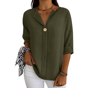 image:imageANRABESS Womens Tops 34 Sleeve V Neck Henley Shirts Dressy Casual Business Work Blouses Summer Fashion for Office DailyArmy Green