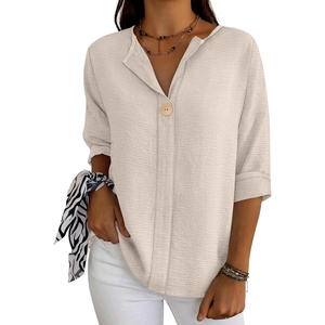 image:imageANRABESS Womens Tops 34 Sleeve V Neck Henley Shirts Dressy Casual Business Work Blouses Summer Fashion for Office DailyLight Yellow