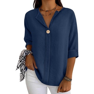 image:imageANRABESS Womens Tops 34 Sleeve V Neck Henley Shirts Dressy Casual Business Work Blouses Summer Fashion for Office DailyNavy Blue