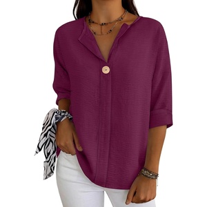 image:imageANRABESS Womens Tops 34 Sleeve V Neck Henley Shirts Dressy Casual Business Work Blouses Summer Fashion for Office DailyPurple Red