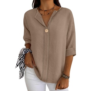 image:imageANRABESS Womens Tops 34 Sleeve V Neck Henley Shirts Dressy Casual Business Work Blouses Summer Fashion for Office DailyYellow Khaki