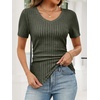 image:imageANRABESS Short Sleeve Sweaters for Women Summer V Neck Knit Top  Slim Fitted ShirtsSoft Lightweight Ribbed TeeBusiness Casual Outfits for Work OfficeGoing Out Fall ClothingDrak Green