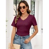 image:imageANRABESS Short Sleeve Sweaters for Women Summer V Neck Knit Top  Slim Fitted ShirtsSoft Lightweight Ribbed TeeBusiness Casual Outfits for Work OfficeGoing Out Fall ClothingBurgundy