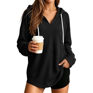 image:imageANRABESS Hoodies for Women Waffle Knit Oversized Sweatshirt  Long Sleeve V Neck Drawstring Pullover Tops Curved Hem Lightweight Loose FitDaily for Leggings Outfits Fall amp WinterBlack