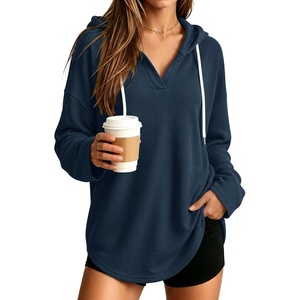 image:imageANRABESS Hoodies for Women Waffle Knit Oversized Sweatshirt  Long Sleeve V Neck Drawstring Pullover Tops Curved Hem Lightweight Loose FitDaily for Leggings Outfits Fall amp WinterNavy Blue