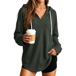 image:imageANRABESS Hoodies for Women Waffle Knit Oversized Sweatshirt  Long Sleeve V Neck Drawstring Pullover Tops Curved Hem Lightweight Loose FitDaily for Leggings Outfits Fall amp WinterArmy Green