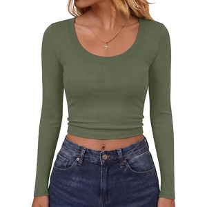 image:imageANRABESS Long Sleeve Crop Top for Women Scoop Neck Ribbed Shirts  Fitted TShirts Comfy Soft Layering Clothing Casual Work Daily Wear Basic Tee Going Out Y2K Fall Fashion OutfitsArmy Green