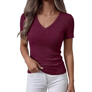 image:imageANRABESS Short Sleeve Sweaters for Women Summer V Neck Knit Top  Slim Fitted ShirtsSoft Lightweight Ribbed TeeBusiness Casual Outfits for Work OfficeGoing Out Fall ClothingBurgundy