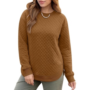 image:imageANRABESS Women Long Sleeve Quilted Pattern Sweatshirt  Lightweight Fleece Hoodie Loose Fit Crewneck Diamond Pullover TopsSoft Casual for DailySchoolOfficeFall amp WinterCaramel