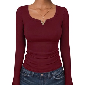 image:imageANRABESS Womens Long Sleeve Scoop Neck Tops  Ribbed Knit Shirts Slim Fit VNotch Tees Stretchy Soft Breathable Fabric Fall Winter Layer Casual Work Travel Daily WearWine Red