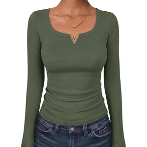image:imageANRABESS Womens Long Sleeve Scoop Neck Tops  Ribbed Knit Shirts Slim Fit VNotch Tees Stretchy Soft Breathable Fabric Fall Winter Layer Casual Work Travel Daily WearArmy Green