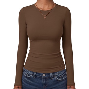 image:imageANRABESS Womens Long Sleeve Shirts Fitted Double Lined Top  Crew NeckSoft Stretchy UnderscrubY2K Cute Trendy Going Out OutfitsCasual Compression Basic TeeFall Winter Layer ClothingBrown