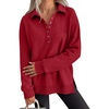 image:imageANRABESS Womens Oversized Button Up Henley Sweatshirts  Collared V Neck Long Sleeve Hoodies ShirtCozy Fleece Pullover Top Casual Fall OutfitsSide SlitCollege Teen Preppy ClothesRed
