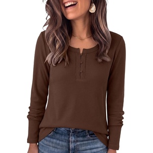 image:imageANRABESS Womens Long Sleeve Shirts Waffle Knit Henley Tops  Button Down V Neck Comfy Lightweight Fitted Business Casual Work Blouses Basic Tees Fall Winter ClothesBrown
