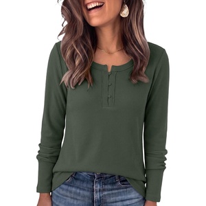 image:imageANRABESS Womens Long Sleeve Shirts Waffle Knit Henley Tops  Button Down V Neck Comfy Lightweight Fitted Business Casual Work Blouses Basic Tees Fall Winter ClothesArmy Green