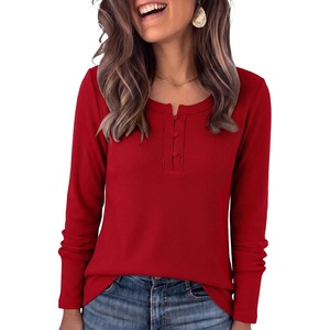 image:imageANRABESS Womens Long Sleeve Shirts Waffle Knit Henley Tops  Button Down V Neck Comfy Lightweight Fitted Business Casual Work Blouses Basic Tees Fall Winter ClothesRed