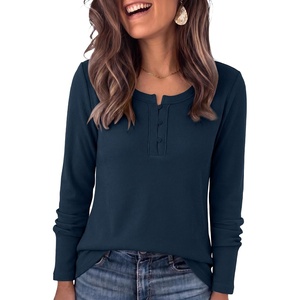 image:imageANRABESS Womens Long Sleeve Shirts Waffle Knit Henley Tops  Button Down V Neck Comfy Lightweight Fitted Business Casual Work Blouses Basic Tees Fall Winter ClothesNavy Blue
