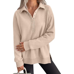 image:imageANRABESS Womens Oversized Button Up Henley Sweatshirts  Collared V Neck Long Sleeve Hoodies ShirtCozy Fleece Pullover Top Casual Fall OutfitsSide SlitCollege Teen Preppy ClothesParchment