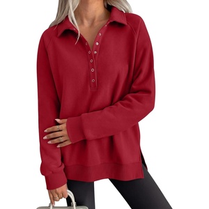 image:imageANRABESS Womens Oversized Button Up Henley Sweatshirts  Collared V Neck Long Sleeve Hoodies ShirtCozy Fleece Pullover Top Casual Fall OutfitsSide SlitCollege Teen Preppy ClothesRed
