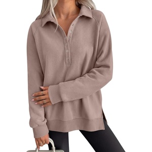 image:imageANRABESS Womens Oversized Button Up Henley Sweatshirts  Collared V Neck Long Sleeve Hoodies ShirtCozy Fleece Pullover Top Casual Fall OutfitsSide SlitCollege Teen Preppy ClothesMocha