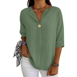 image:imageANRABESS Womens Tops 34 Sleeve V Neck Henley Shirts Dressy Casual Business Work Blouses Summer Fashion for Office DailyLight Green