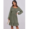 image:imageANRABESS Womens Dress Long Lantern Sleeve Square Neck Elastic Waist Ruffle Flowy Swing ALine Short Dresses 2026 Fall FashionArmy Green