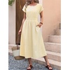 image:imageANRABESS Womens Summer Midi Dress Striped Casual Short Sleeve Crewneck Elastic Waist 2026 Flowy Long Beach Dress with Pockets Yellow White Stripe Small