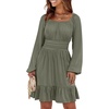 image:imageANRABESS Womens Dress Long Lantern Sleeve Square Neck Elastic Waist Ruffle Flowy Swing ALine Short Dresses 2026 Fall FashionArmy Green